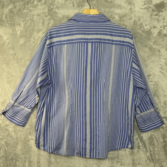 Chico's Shirt Womens 3 XL Blue White Striped Button Front Silk Blend 3/4 Sleeve - Picture 3 of 10